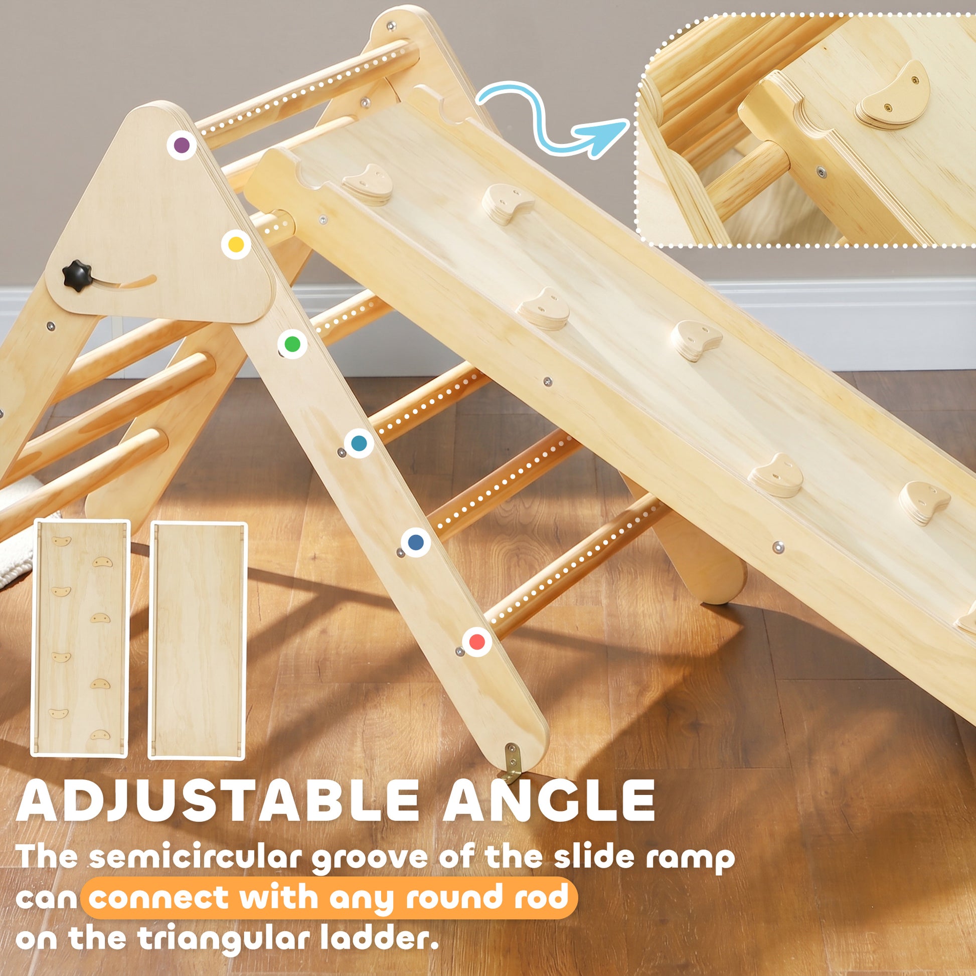 Qaba Pikler Triangle Set, 3 in 1 Climbing Toys with Ramp for Toddlers, Nature Wood