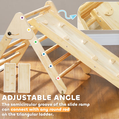 Qaba Pikler Triangle Set, 3 in 1 Climbing Toys with Ramp for Toddlers, Nature Wood