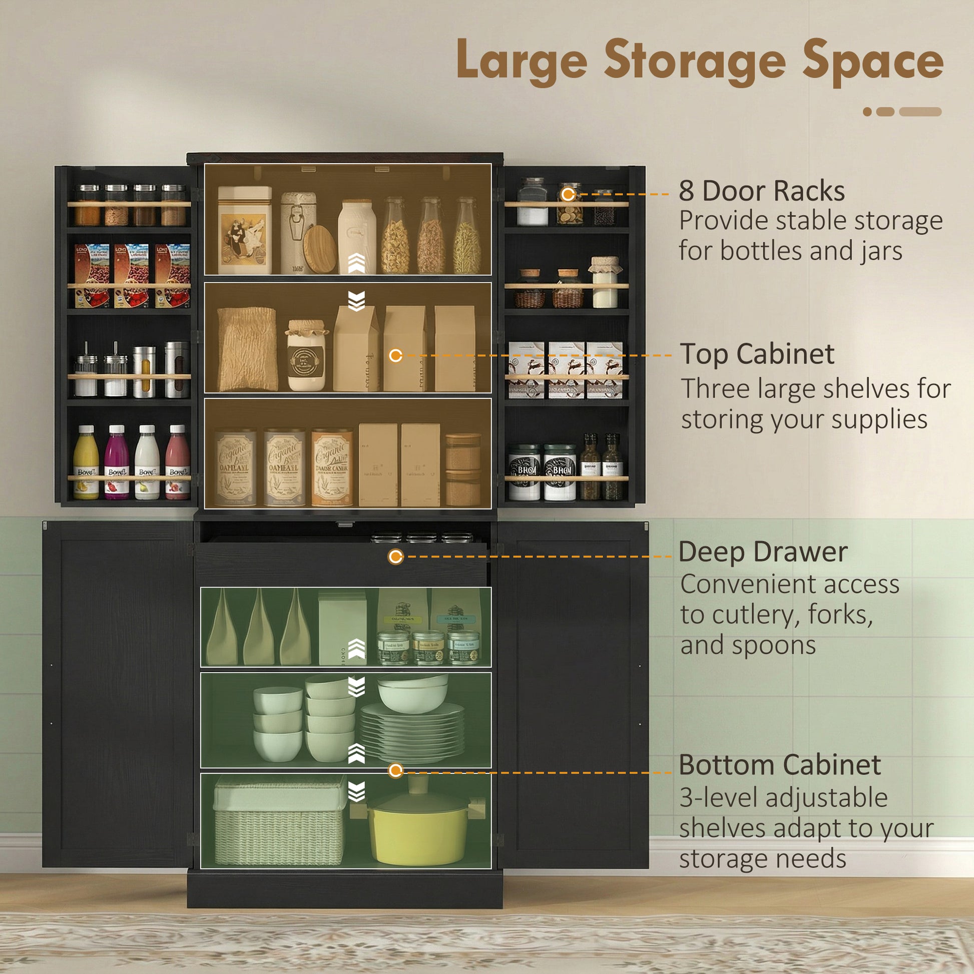 72" Tall Kitchen Pantry Cabinet, Farmhouse Storage Cabinet with 8 Door Racks and Adjustable Shelves, Black