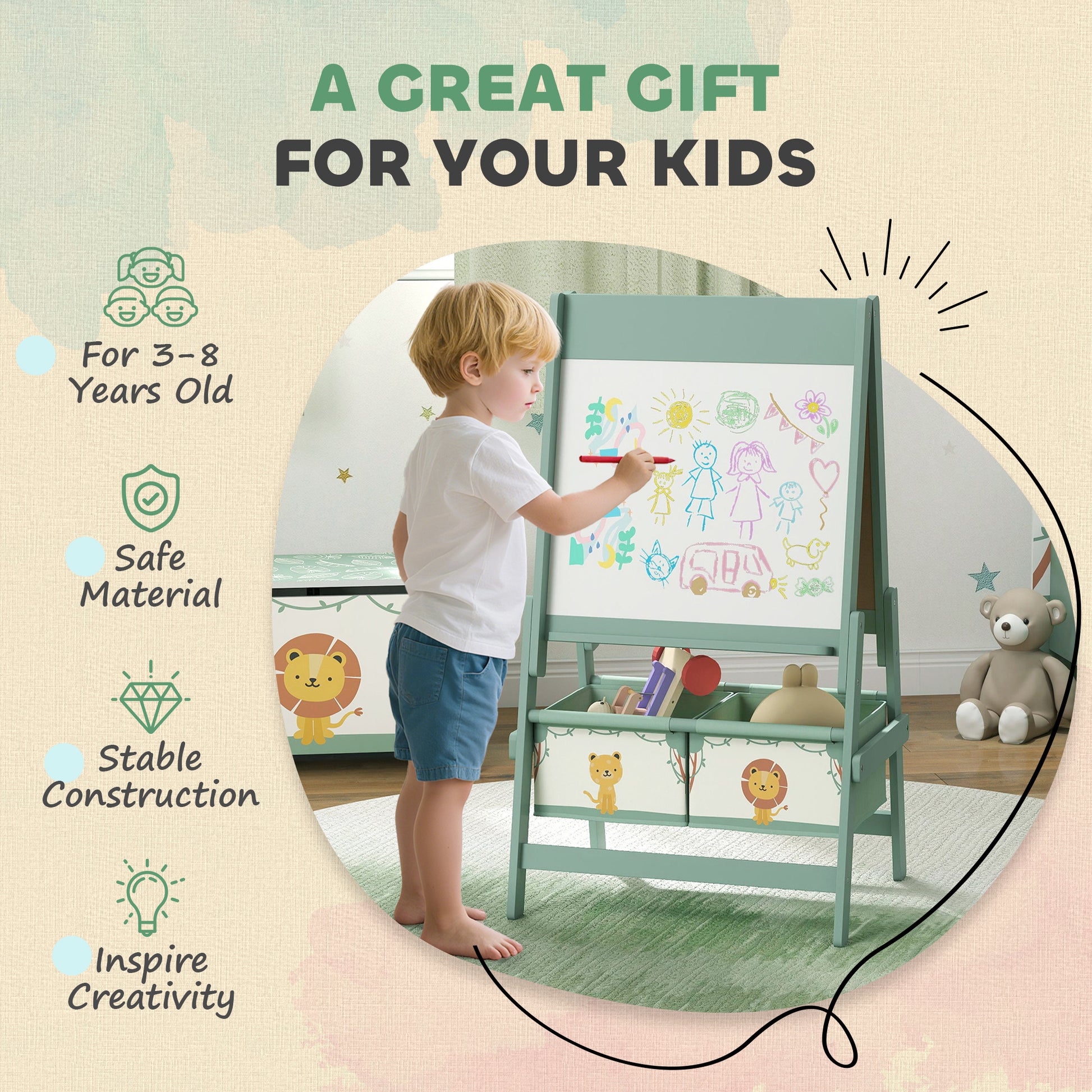 Qaba Art Easel for Kids, Double-Sided Whiteboard & Chalkboard with Paper Roll, 2 Storage Boxes, Gift for Boys, Girls, Gr