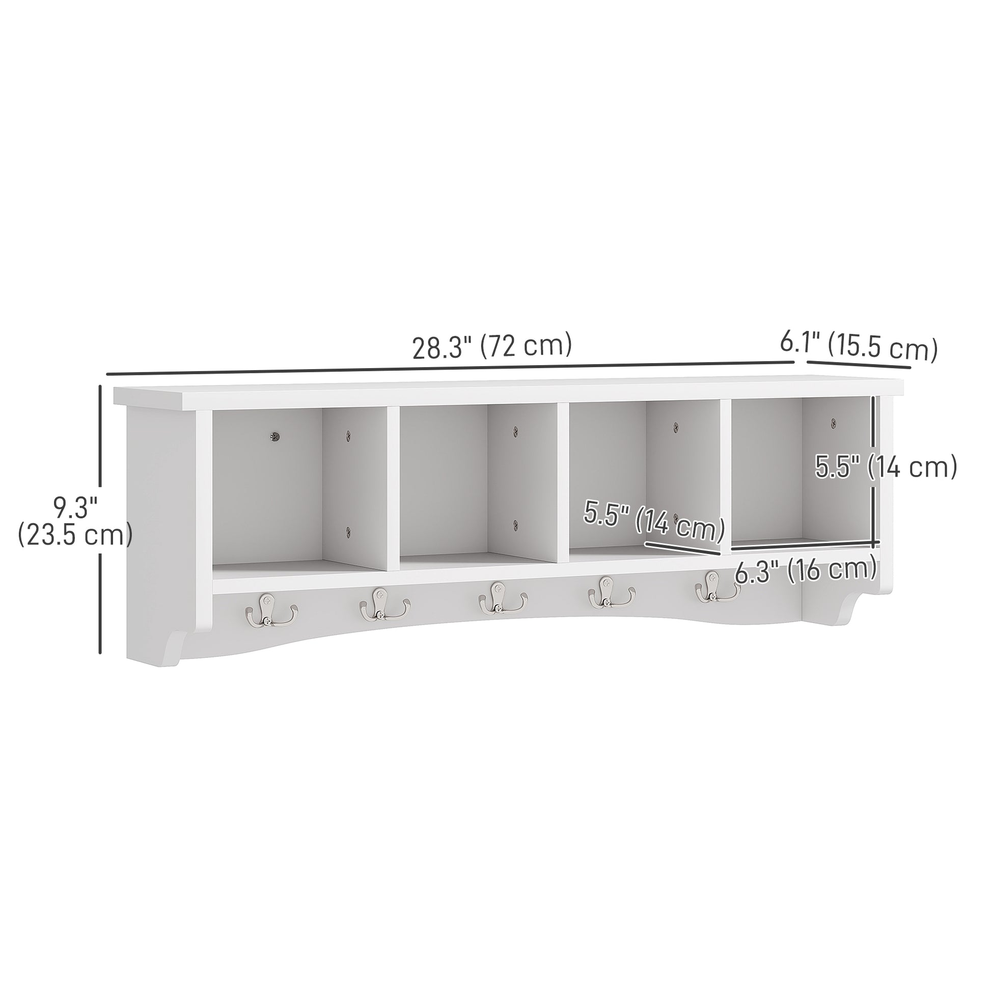Coat Rack Wall Mount with Shelf, 28" Wall Coat Rack with 5 Hooks and 4 Compartments for Living Room, Entryway, White