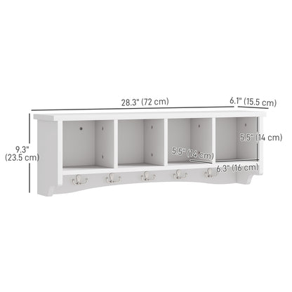 Coat Rack Wall Mount with Shelf, 28" Wall Coat Rack with 5 Hooks and 4 Compartments for Living Room, Entryway, White