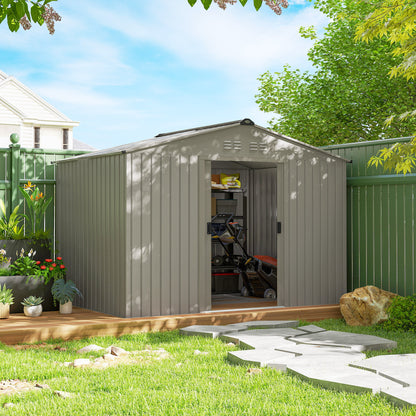 9.1' x 6.4' x 6.3' Garden Storage Shed w/ Foundation Kit Metal Tool Storage House w/ Double Doors Grey