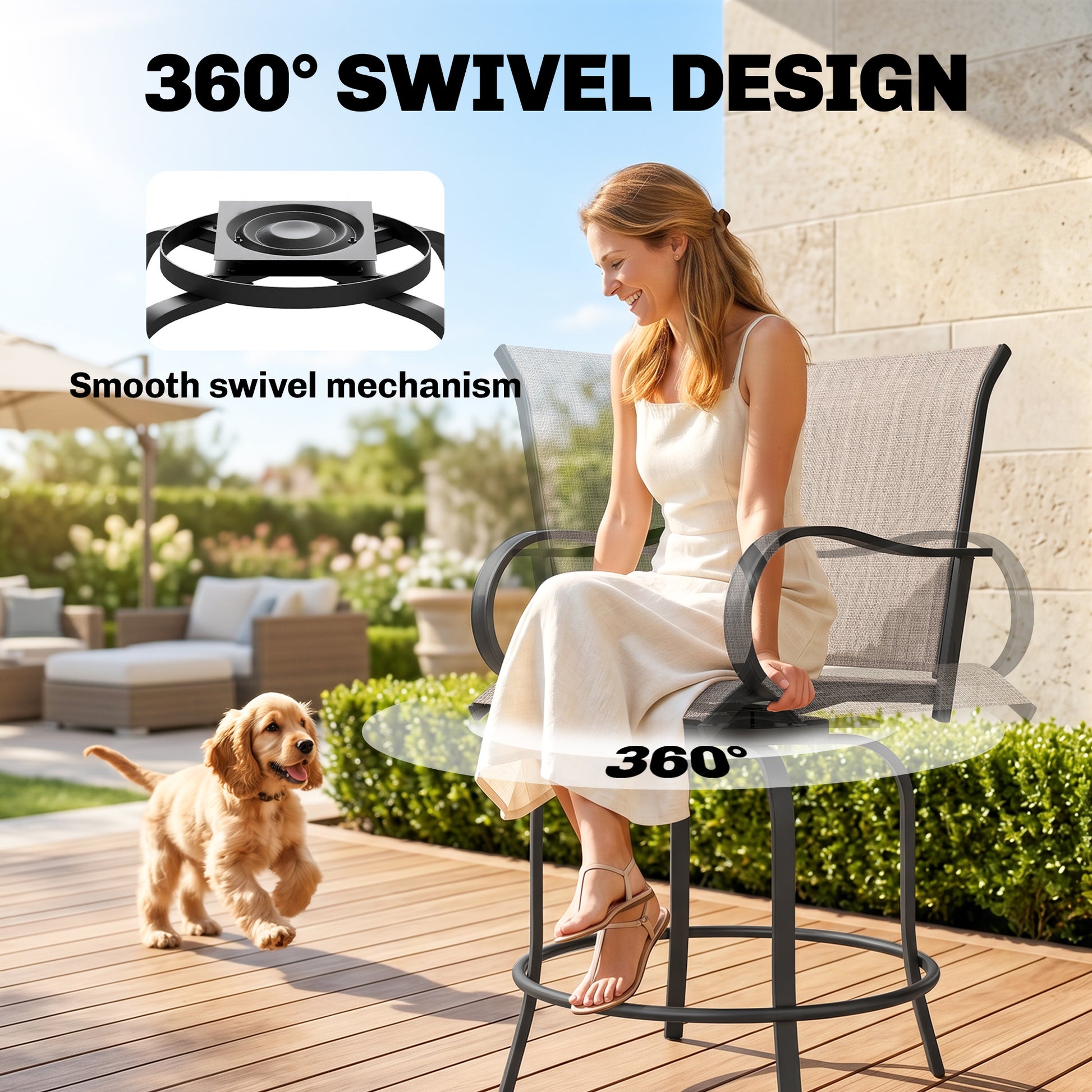 Outdoor Bar Stools Set of 2, 360° Swivel Bar Height Chairs, 26.8" x 29.5" x 48.4", Tan