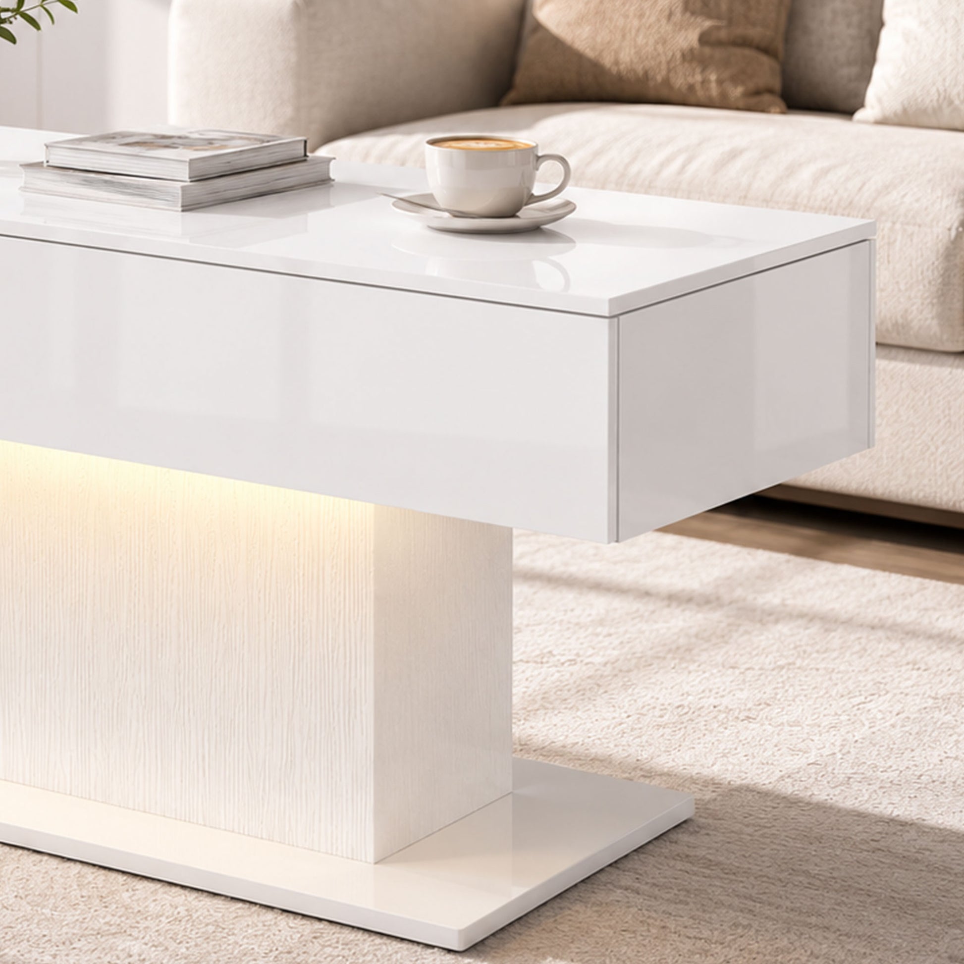 LED Coffee Table with Storage, High Gloss Modern Center Table with 2 Drawers and Remote Control for Living Room, White
