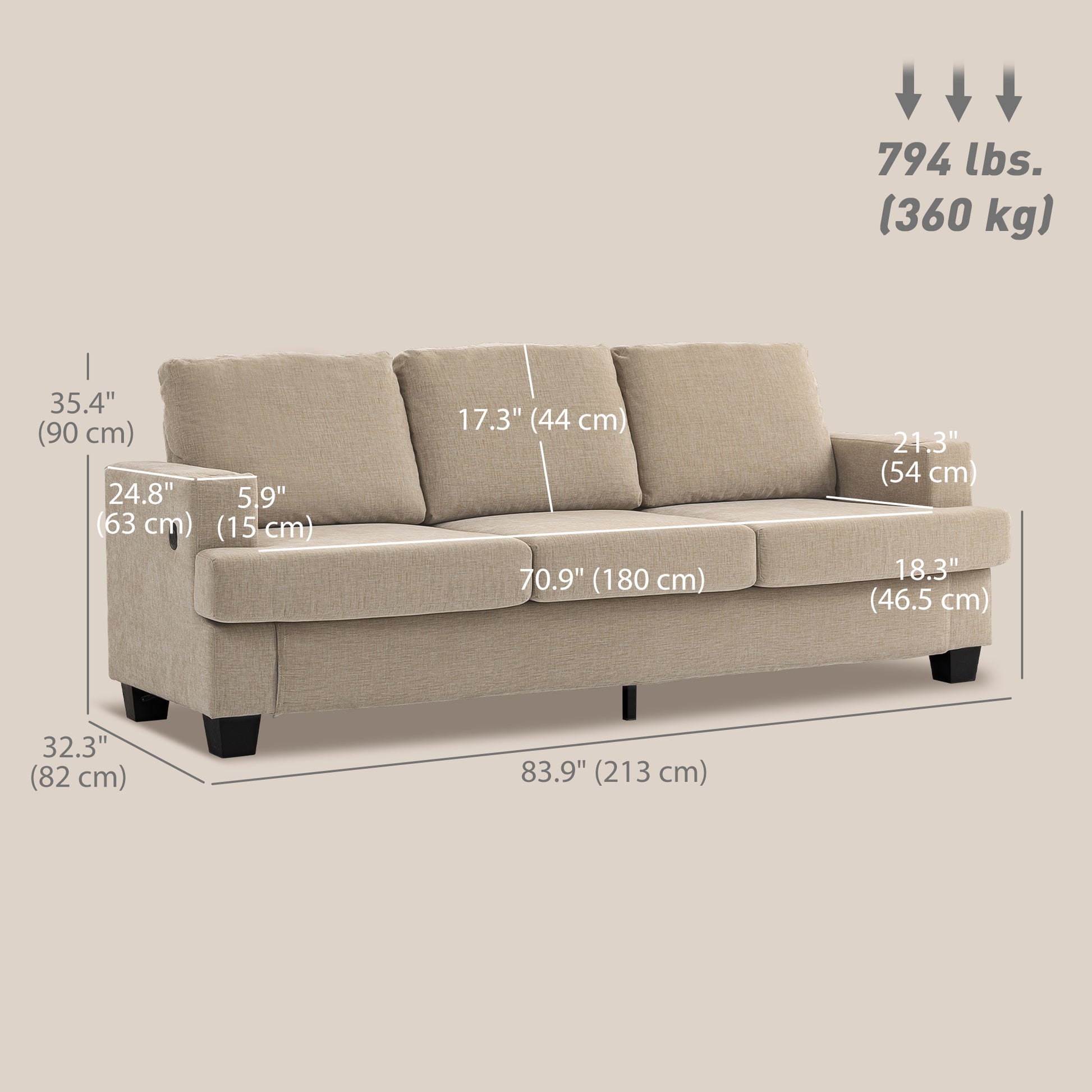 3 Seater Sofa with USB Ports & Cup Holders, Chenille-Feel Upholstered Couch for Living Room, Light Brown
