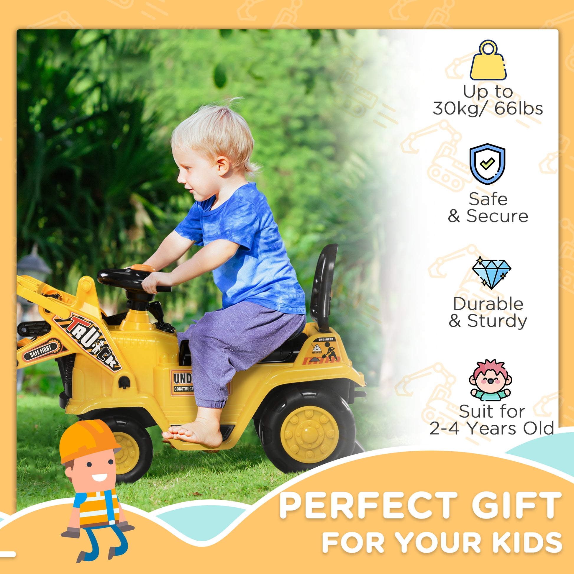 VarietyKart Ride On Excavator Toy No Power Digger with Realistic Sound Grabber Storage, for 2-4 Years Old, 32.7"x10.6"x1