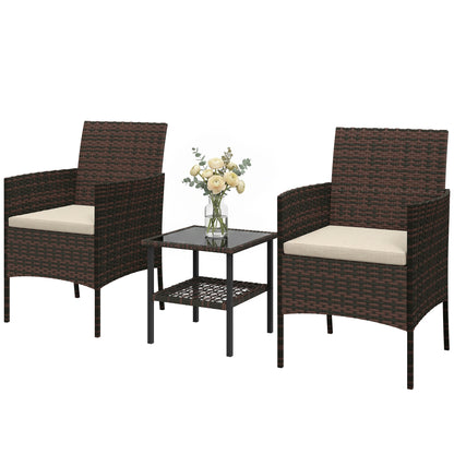 Wicker Bistro Set, 3 Piece Patio Furniture Set with 2-Tier Glass Top Table, Cushions for Balcony, Porch, Khaki