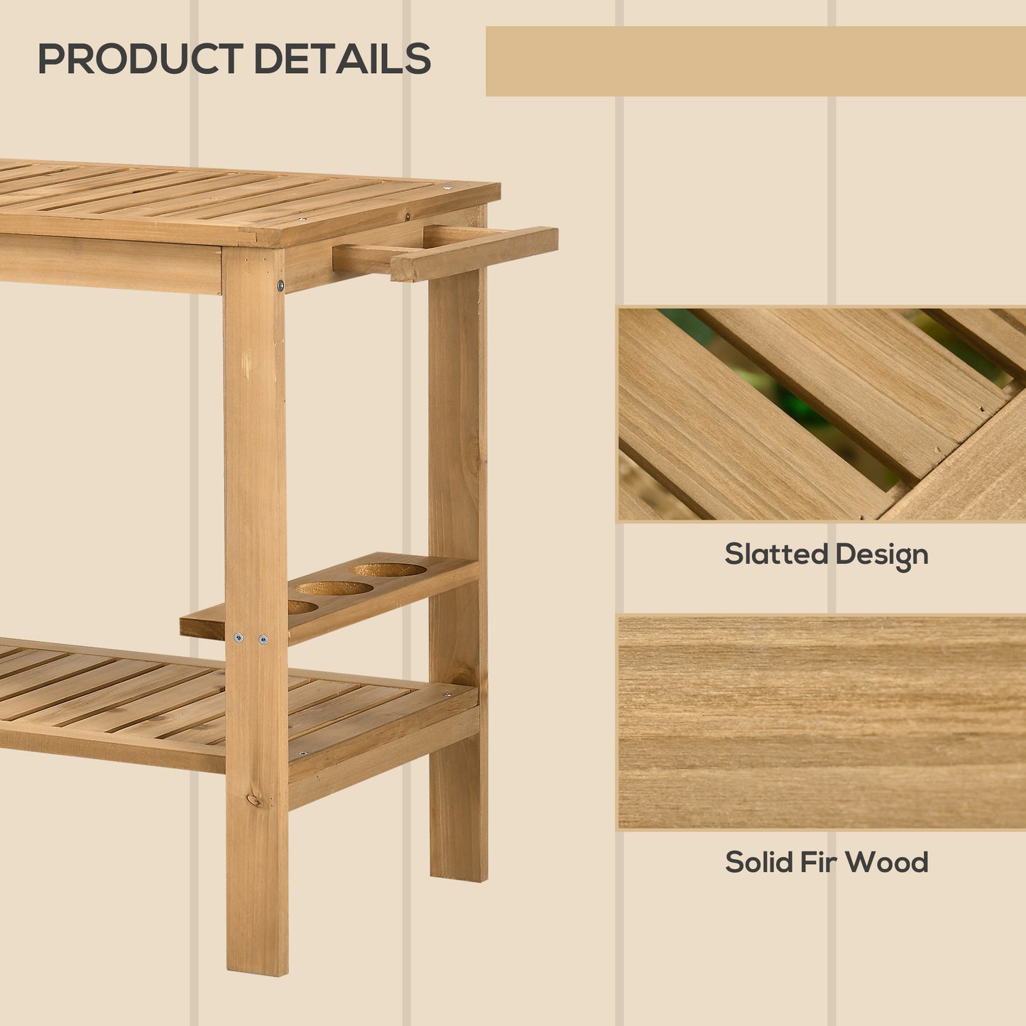 Outdoor Bar Cart, Wood Rolling Home Bar & Serving Cart with 2 Shelves, Wine Bottle Holders for Garden, Dining Room, Natu