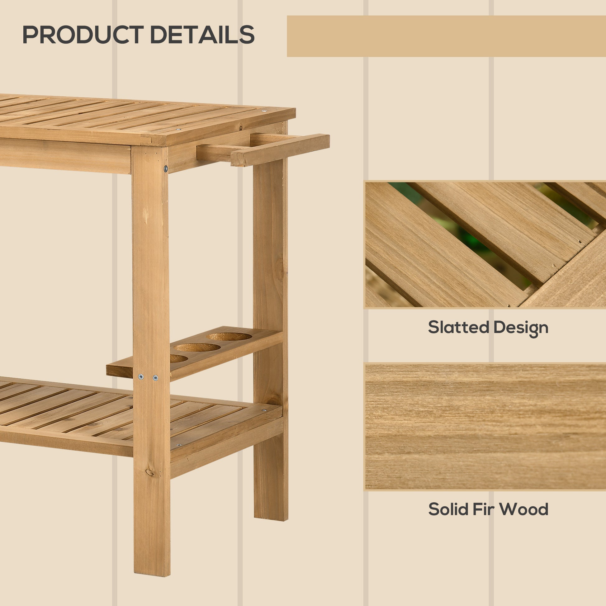 Outdoor Bar Cart, Wood Rolling Home Bar & Serving Cart with 2 Shelves, Wine Bottle Holders for Garden, Dining Room, Natu