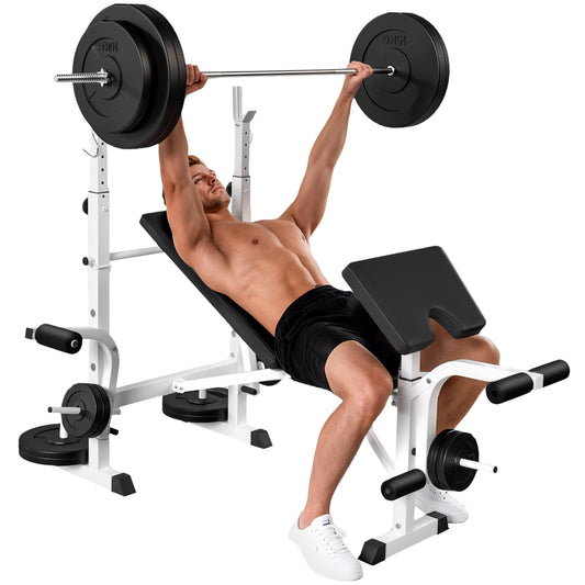 Soozier Bench Press Set Adjustable Weight Bench with Squat Rack, Preacher Curl Pad, Leg Developer and Weight Storage, Wh