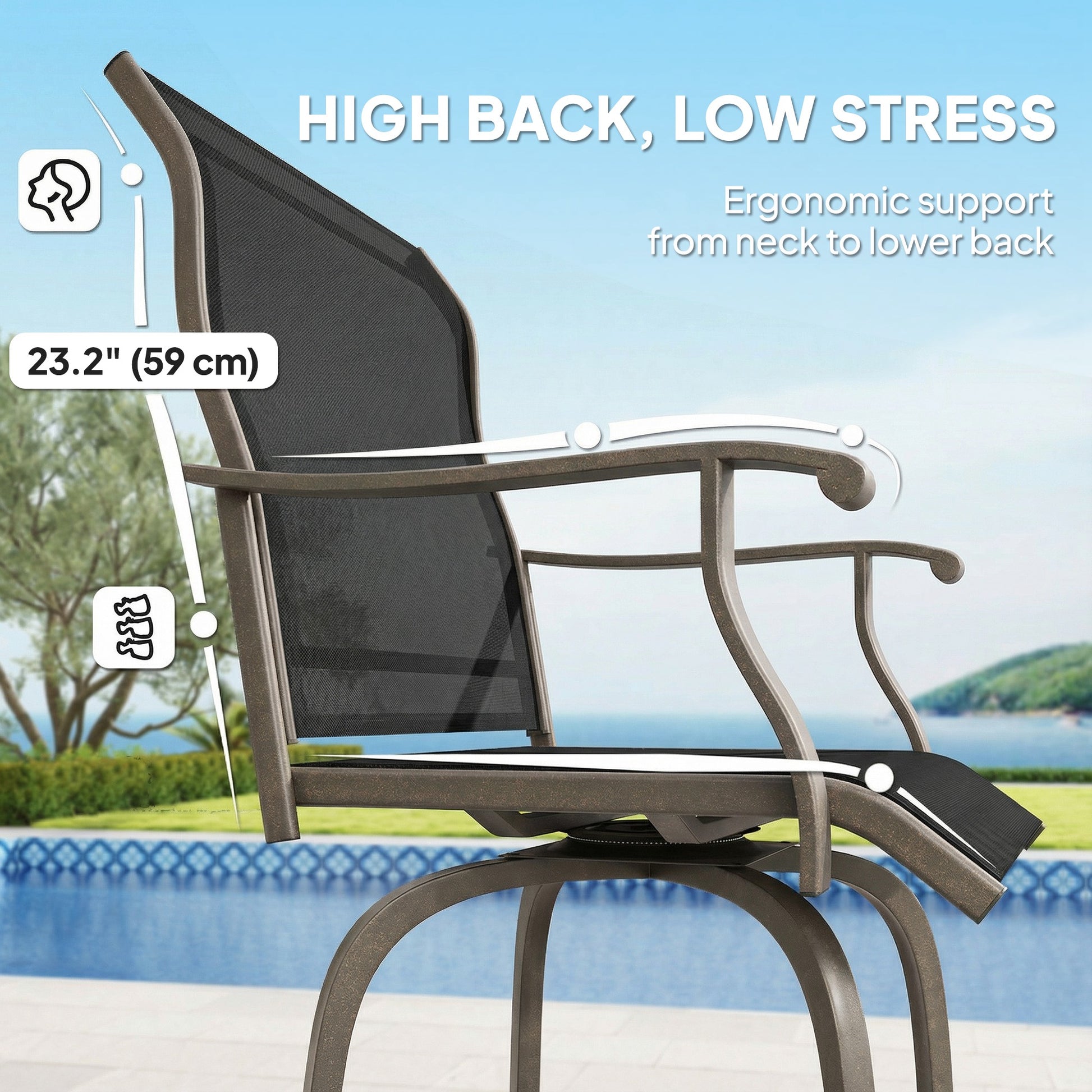Outdoor Bar Stools Set of 2, Swivel Bar Height Chairs with High Back, Curved Armrests and Steel Frame, Black