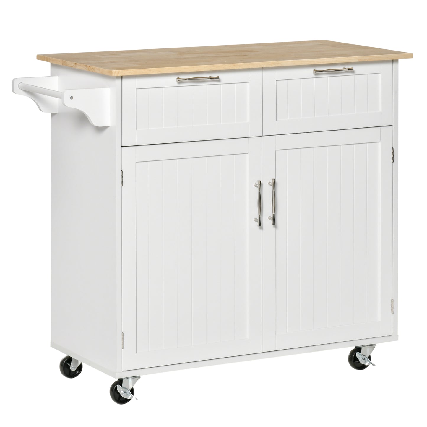Rolling Kitchen Island with Storage, Rubber Wood Top and Towel Rack - White