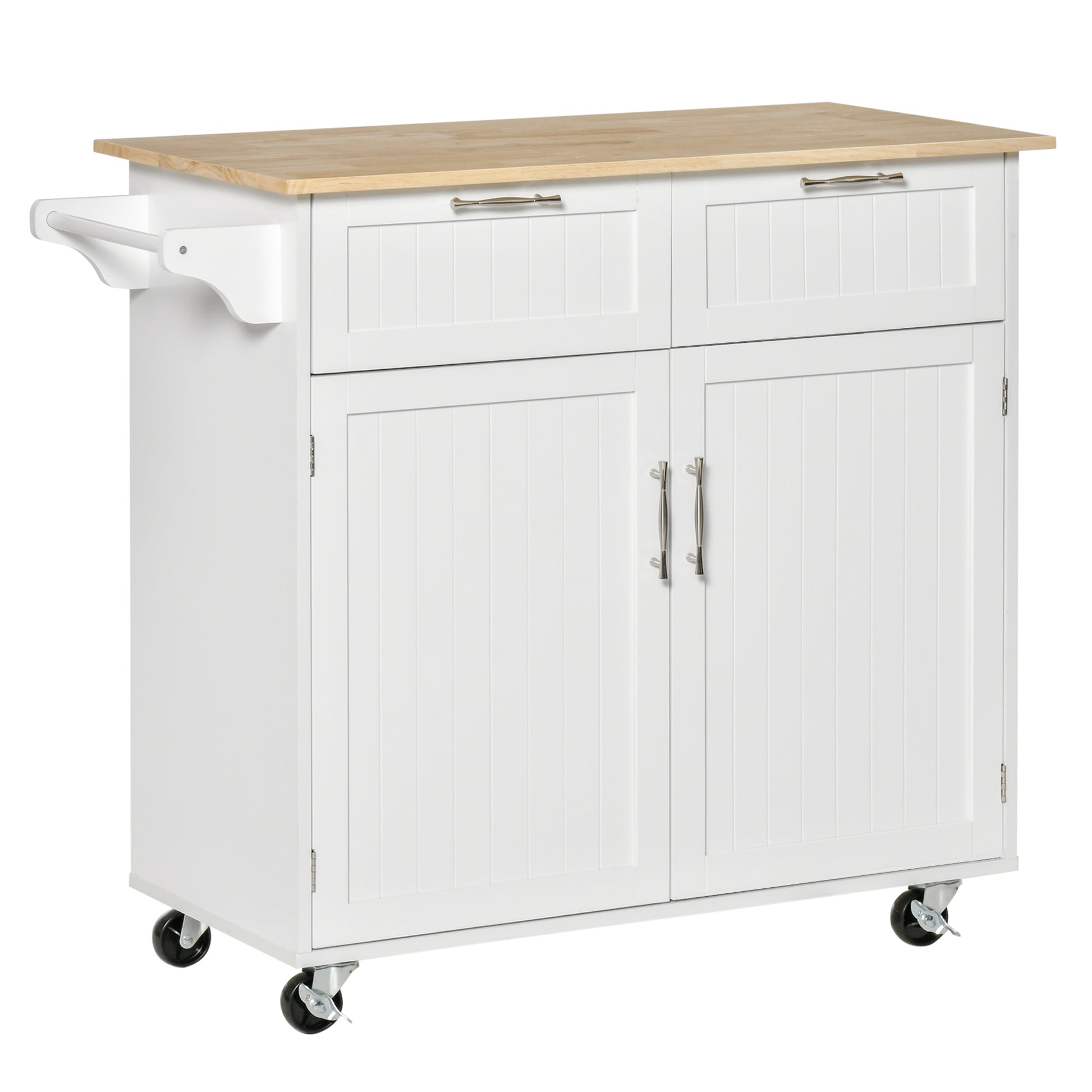 Rolling Kitchen Island with Storage, Rubber Wood Top and Towel Rack - White
