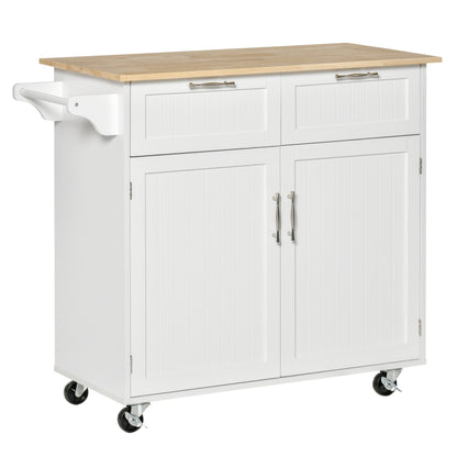 Rolling Kitchen Island with Storage, Rubber Wood Top and Towel Rack - White