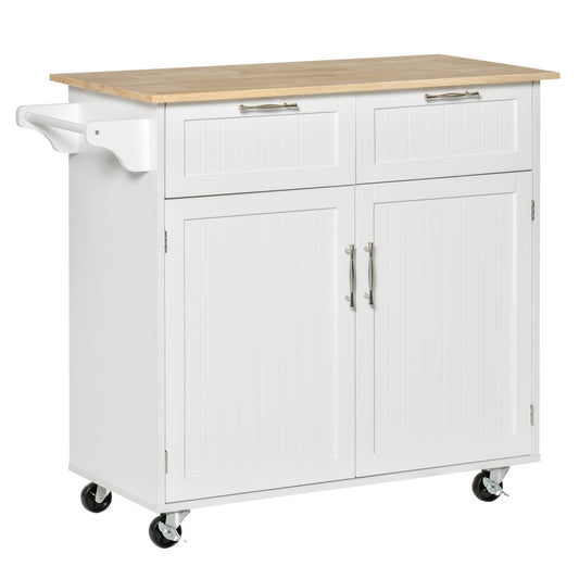 Rolling Kitchen Island with Storage, Rubber Wood Top and Towel Rack - White