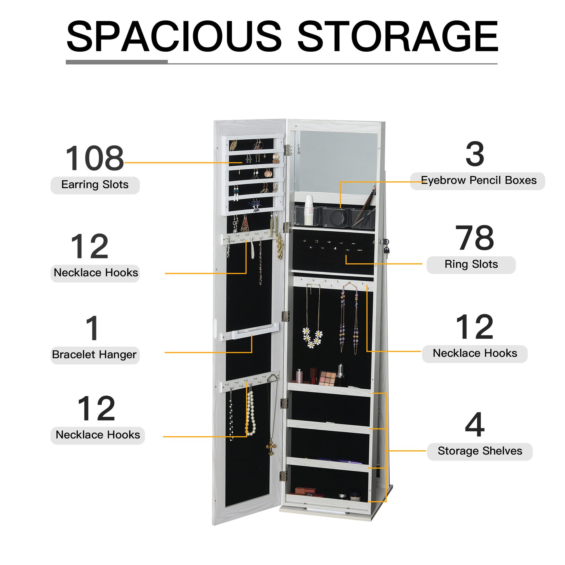 Mirror Jewelry Cabinet Armoire, Lockable Jewelry Organizer with Full-Length Mirror, LED Lights, Standing Jewelry Armoire