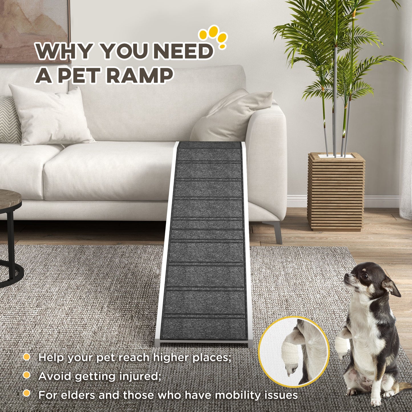 Pet Ramp, Dog Bed Steps with Non-slip Carpet, Top Platform, 74" x 16" x 25", White