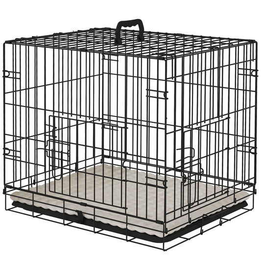 24" Dog Crate with 2 Doors, Folding Metal Dog Cage with Soft Cushion, Removable Tray, Handle for Extra Small Dogs, Black