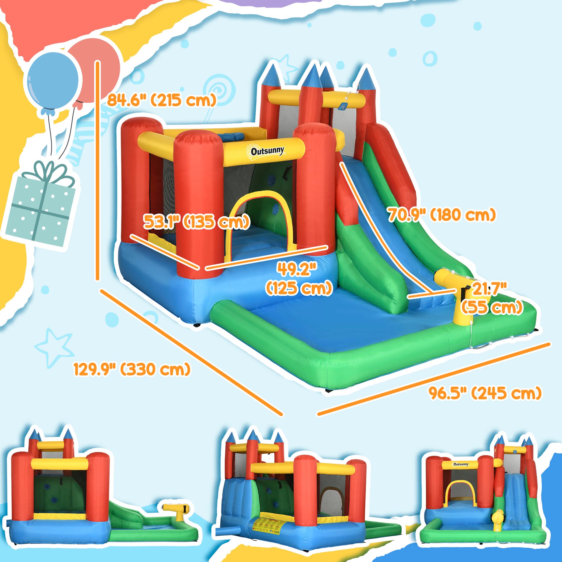 Kids Inflatable 6 in 1 Bouncy Castle House Trampoline Slide Water Pool Gun Climbing Wall Basket with Inflator for Kids A