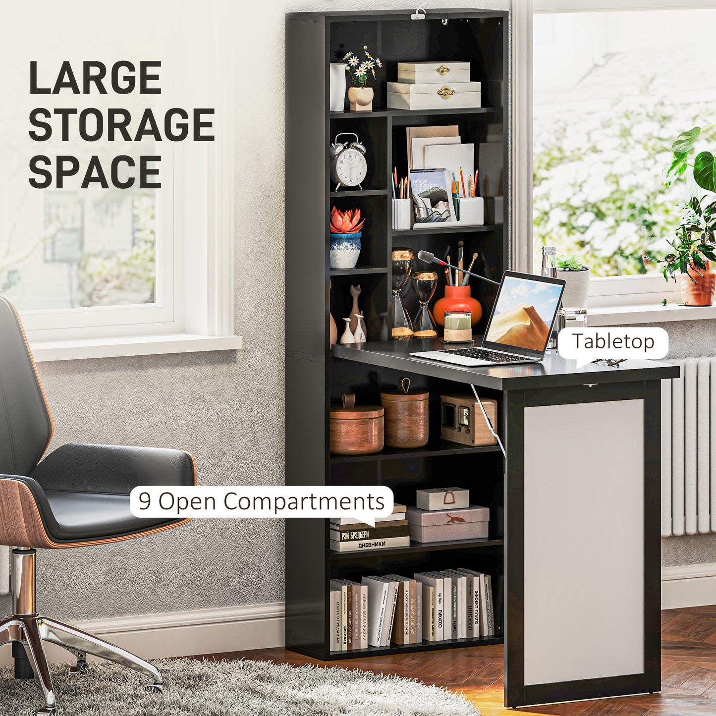 Fold-out Convertible Office Desk, Wall Mount Computer Desk with Whiteboard and Side Shelf, Black