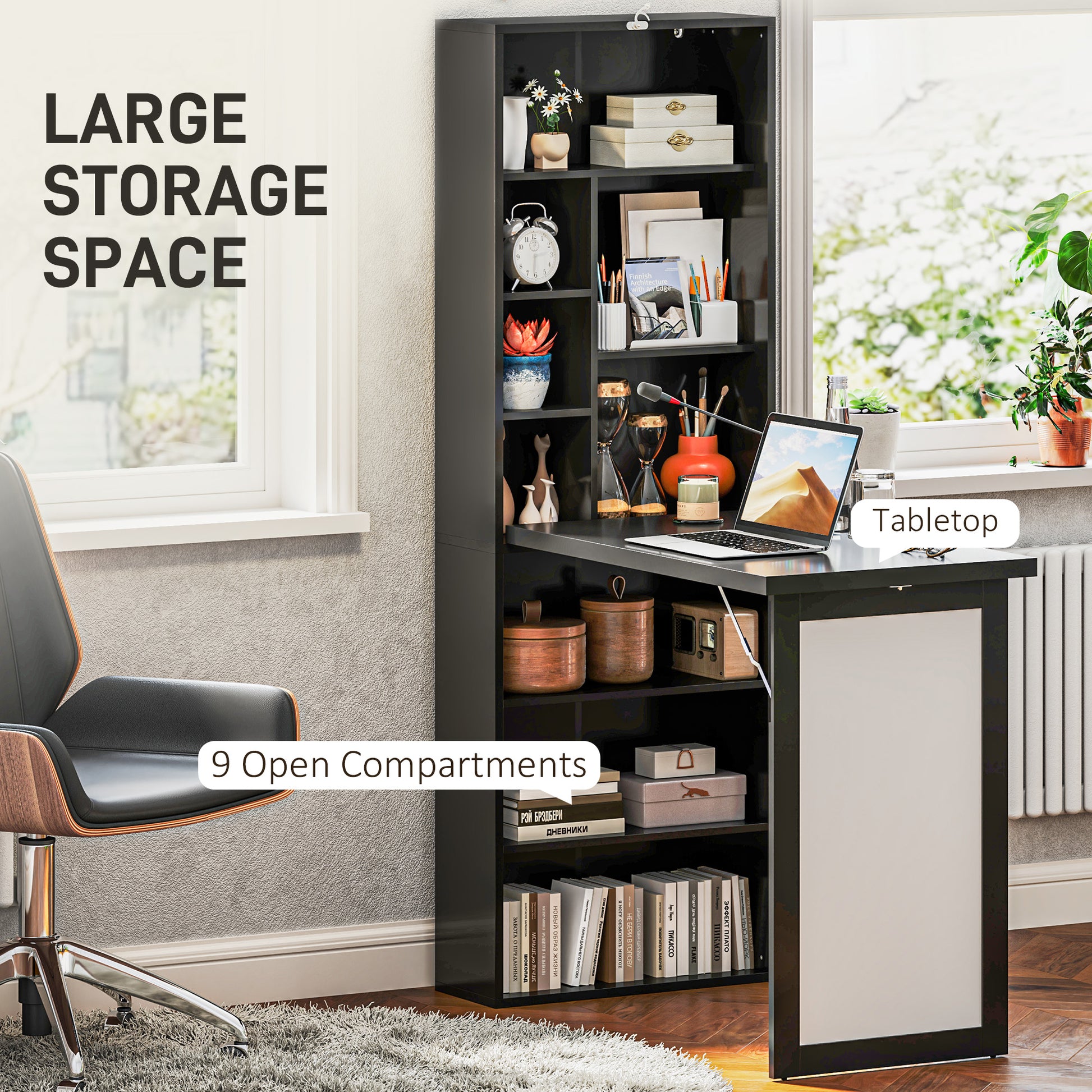Fold-out Convertible Office Desk, Wall Mount Computer Desk with Whiteboard and Side Shelf, Black