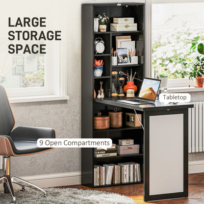 Fold-out Convertible Office Desk, Wall Mount Computer Desk with Whiteboard and Side Shelf, Black