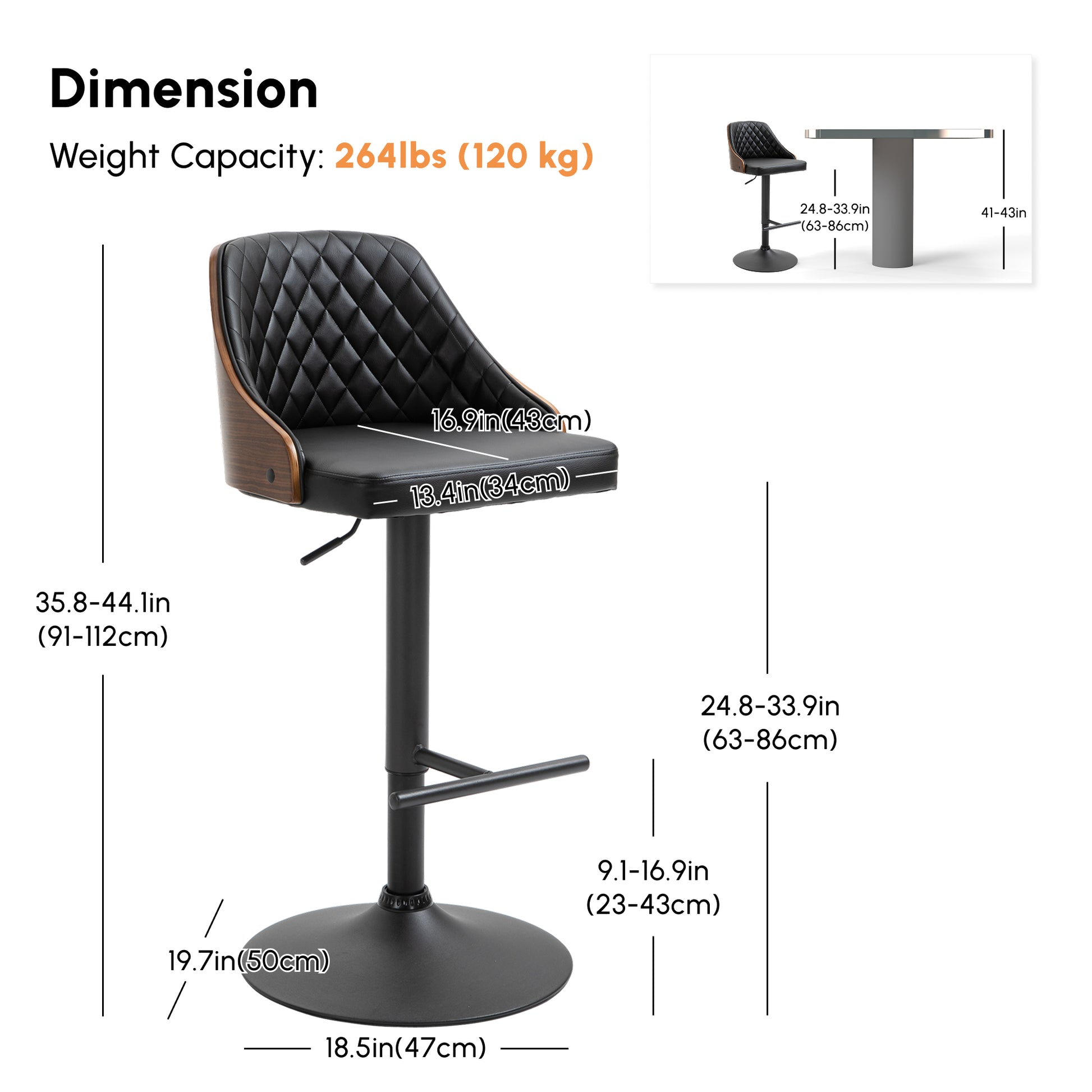 Modern Bar Stools PU Leather Set of 2 Swivel Bar Height Barstools Chairs with Adjustable Height, Round Heavy Metal Base 