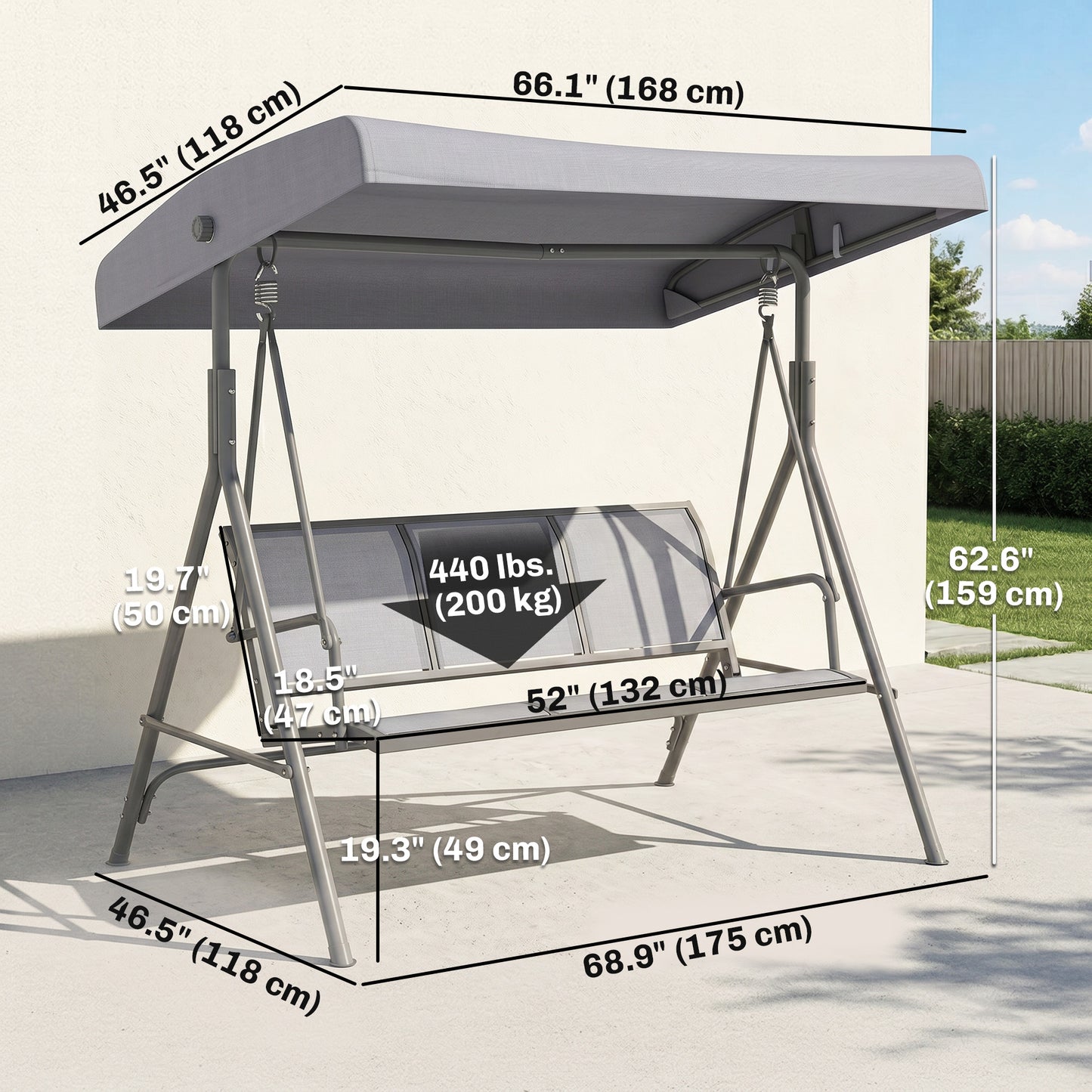 3-Seater Swing Chair Covered Garden Hammock A-Frame Outdoor Porch Glider Sling Seat with Adjustable Canopy Cover, Grey
