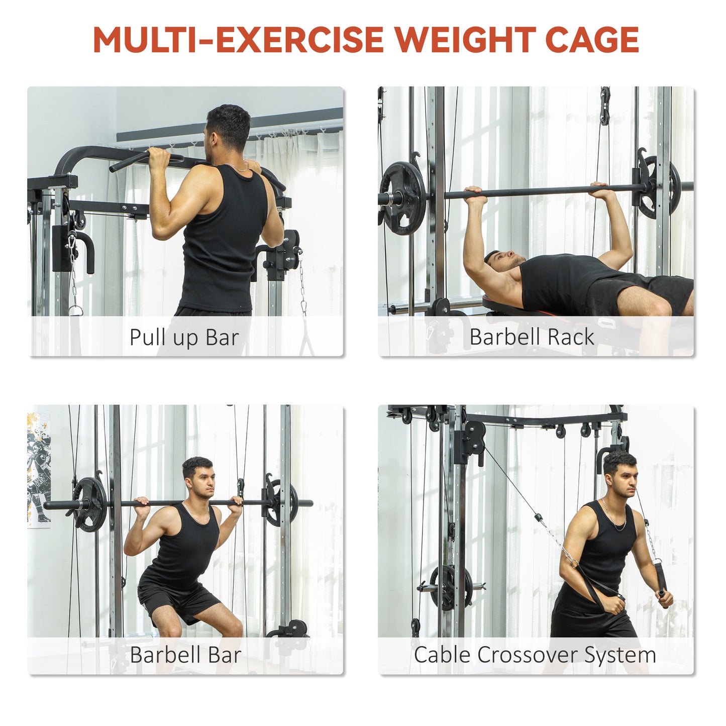 Soozier 3 In 1 Smith Machine Power Rack with Cable Crossover System, Pull up Station, 16-Level Squat Rack and Barbell Ba