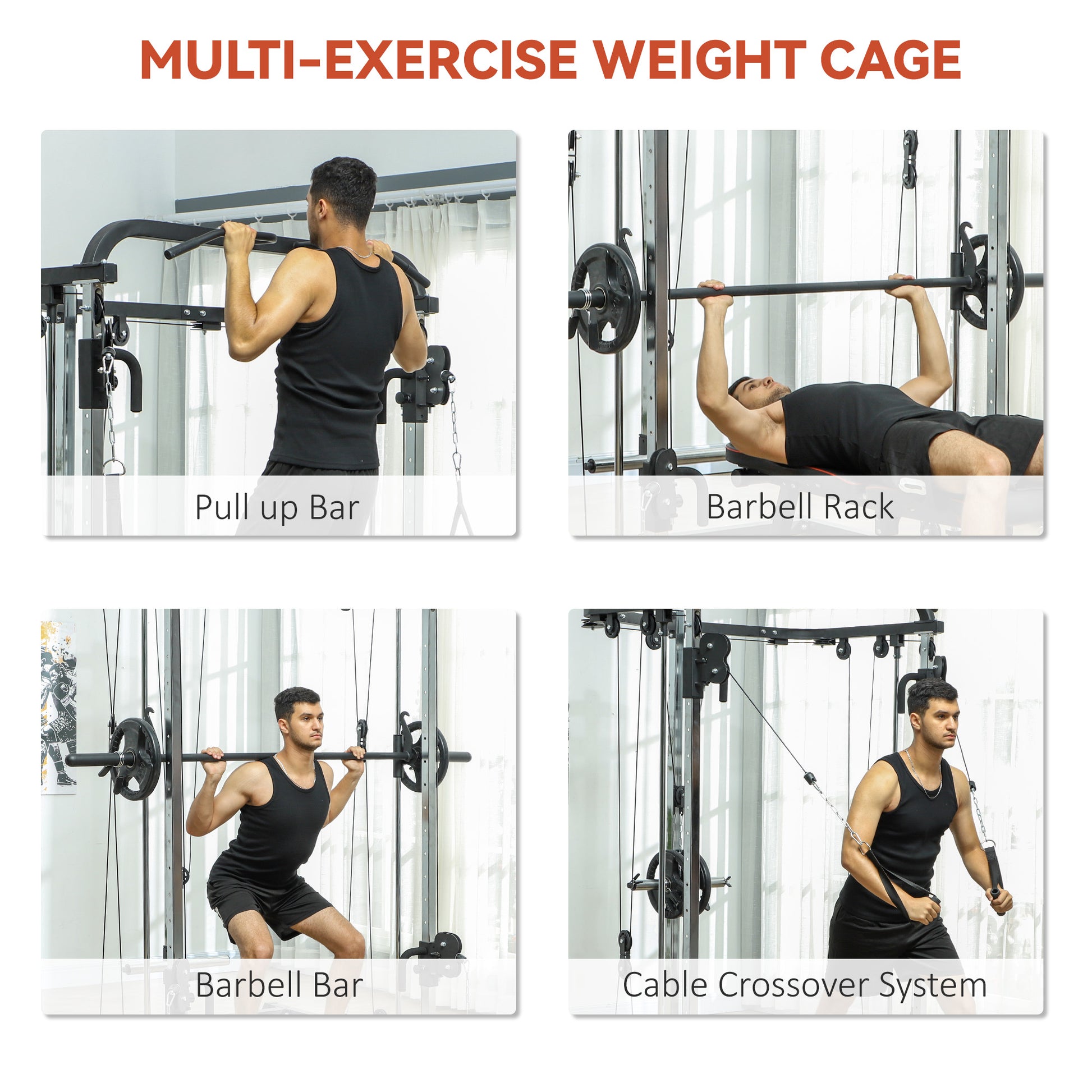 Soozier 3 In 1 Smith Machine Power Rack with Cable Crossover System, Pull up Station, 16-Level Squat Rack and Barbell Ba