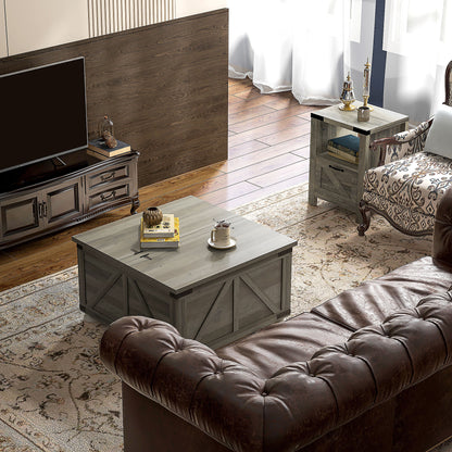 Farmhouse Coffee Table, Square Center Table with Flip-top Lids, Hidden Storage Compartment and Wooden Legs, Distressed G