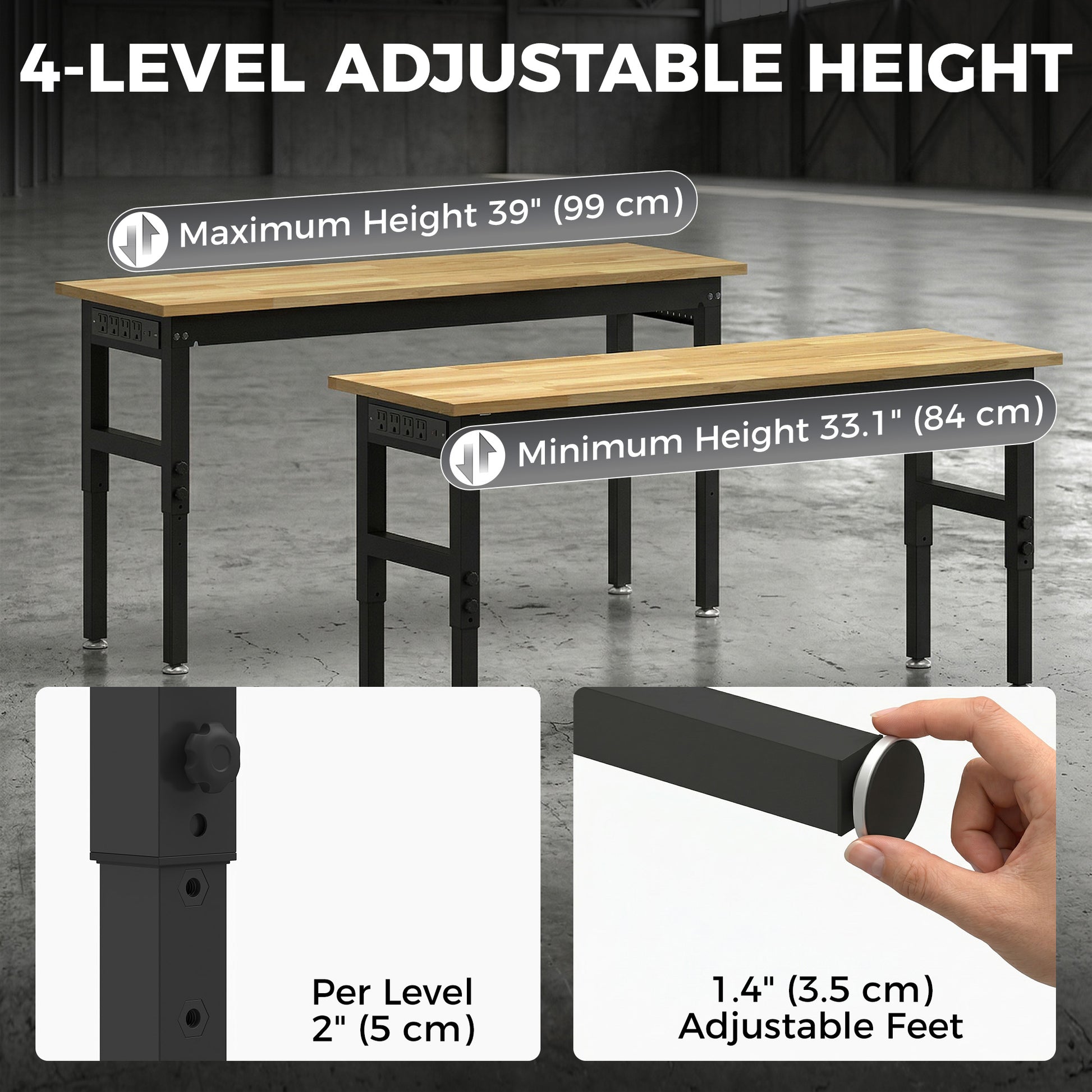 60" Adjustable Workbench, Heavy Duty Work Table with Rubber Wood Top, Power Outlets, Pegboard, 2000 LBS Capacity