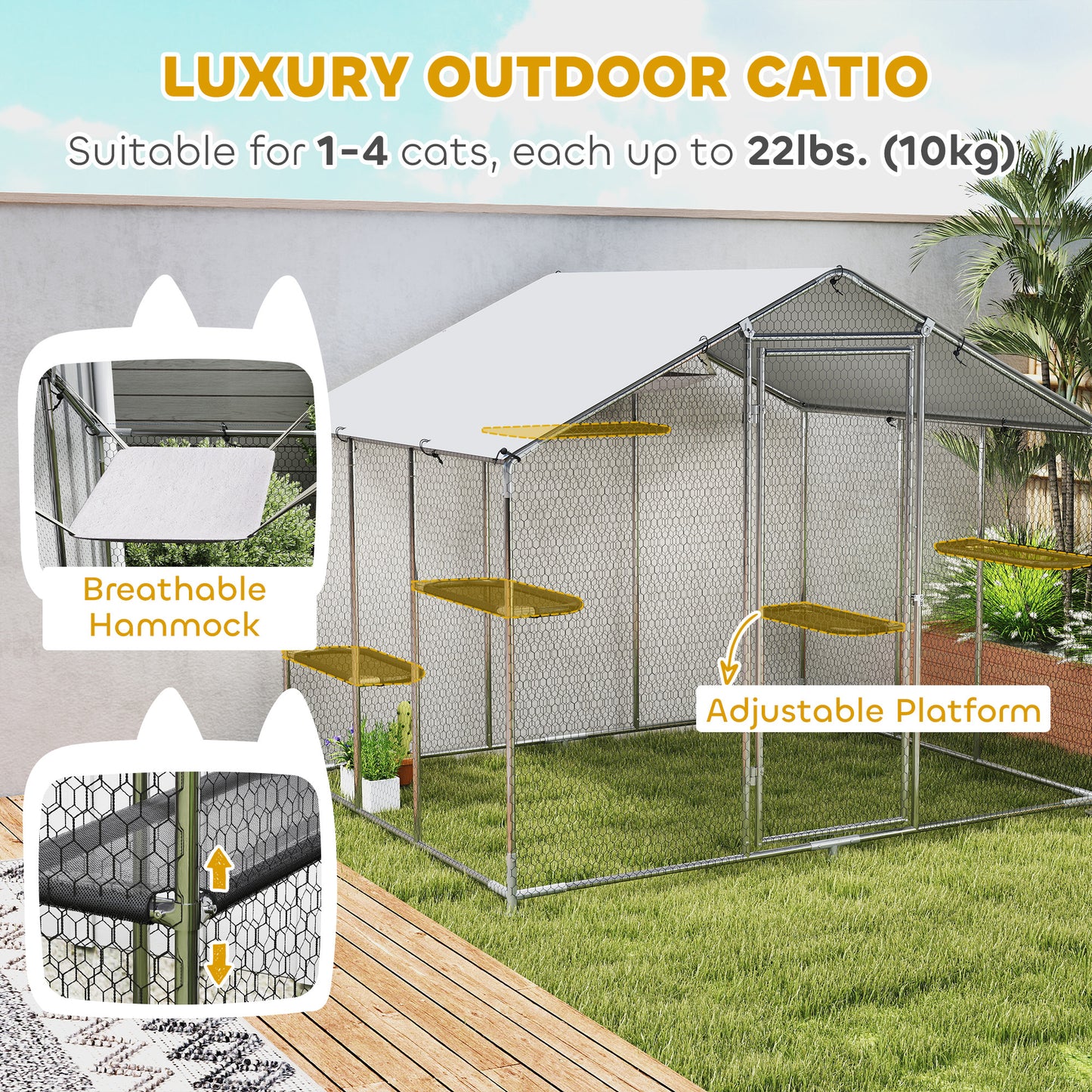 Large Catio Outdoor Cat Enclosure with Waterproof Cover, Walk-in Cat Patio w/ 5 Adjustable Platforms & Hammock 94.5" L