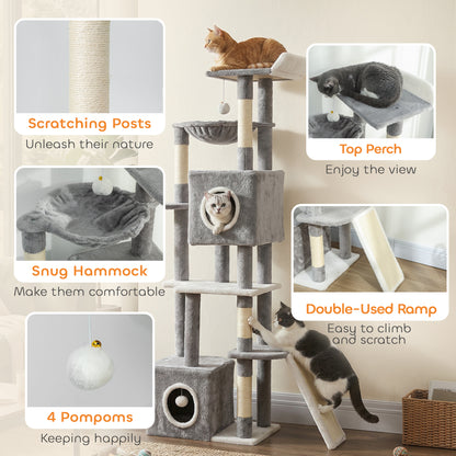 65 Inch Cat Tree with 2 Doors Condos, Plush Top Perch, Hammock, Sisal Scratching Posts, 4 Pompoms, Ramp, Grey