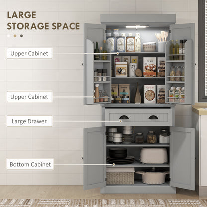 71" Kitchen Pantry Cabinet with LED Lights, 6 Spice Racks, a Drawer and 4 Adjustable Shelves, Grey