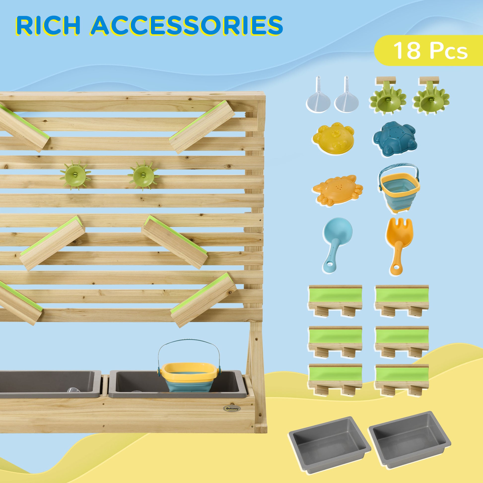 18 Pcs Kids Running Water and Sand Playset Outdoor with Sinks, Wooden Sensory Toys with Colorful Accessories, Gift for B