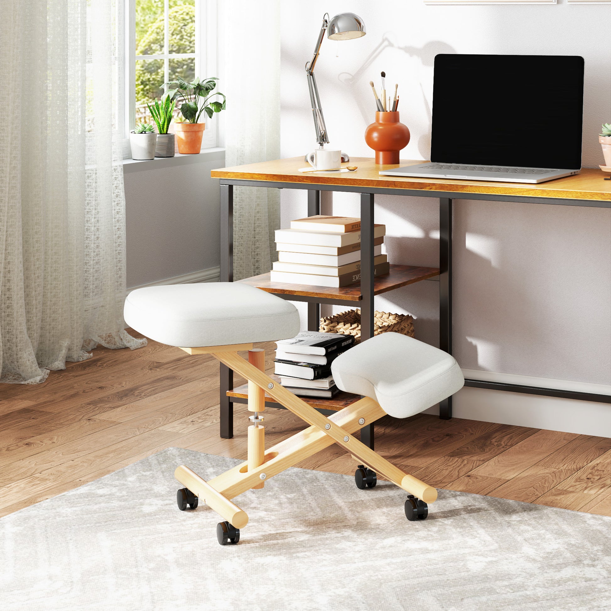 Ergonomic Kneeling Chair, Posture Chair with Rubberwood Frame, Wheels for Office, Posture Correction, Cream White