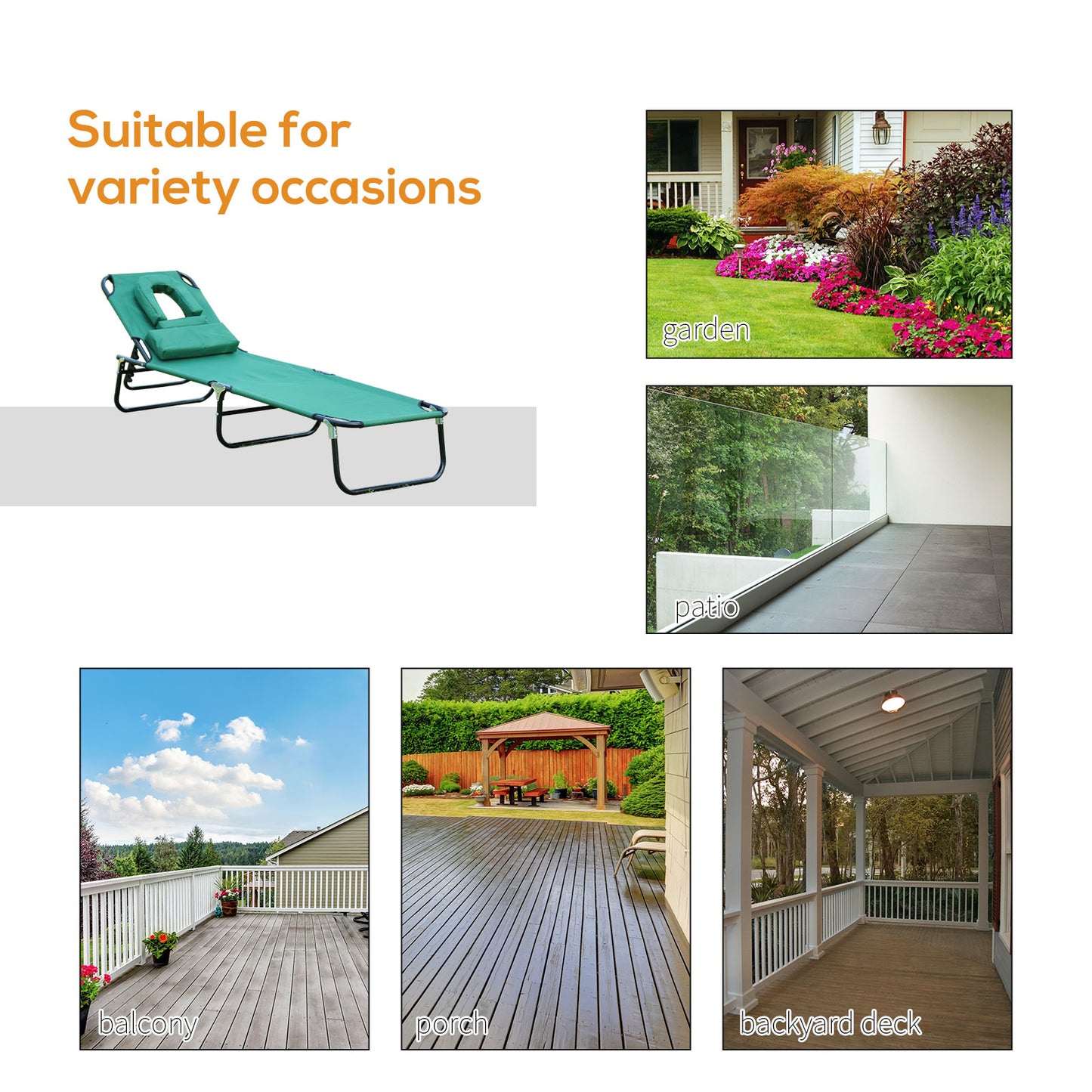 Folding Outdoor Lounge Chair, Portable Reclining Beach Lounger with Face Hole, Detachable Pillow, 3-Position Adjustable 