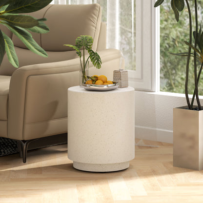 Terrazzo Finish Side Table, 17" Round End Table for Indoor and Outdoor, Cream White
