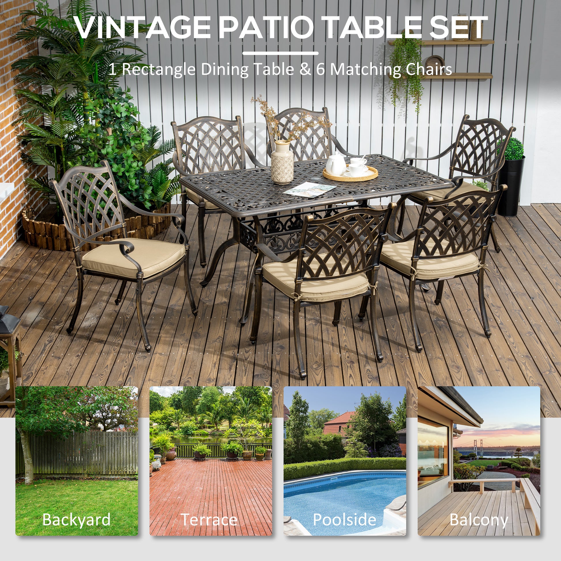 7 Pieces Patio Dining Set with Umbrella Hole, Cast Aluminum Outdoor Patio Furniture Set with 6 Cushioned Chairs and Rect