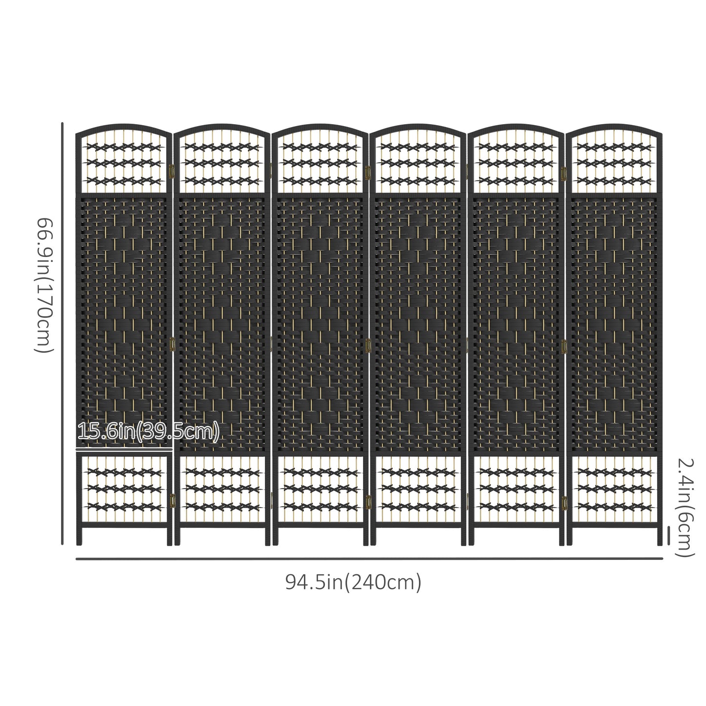 6 Panel Folding Room Divider, Portable Privacy Screen, Wave Fiber Room Partition for Home Office, Black