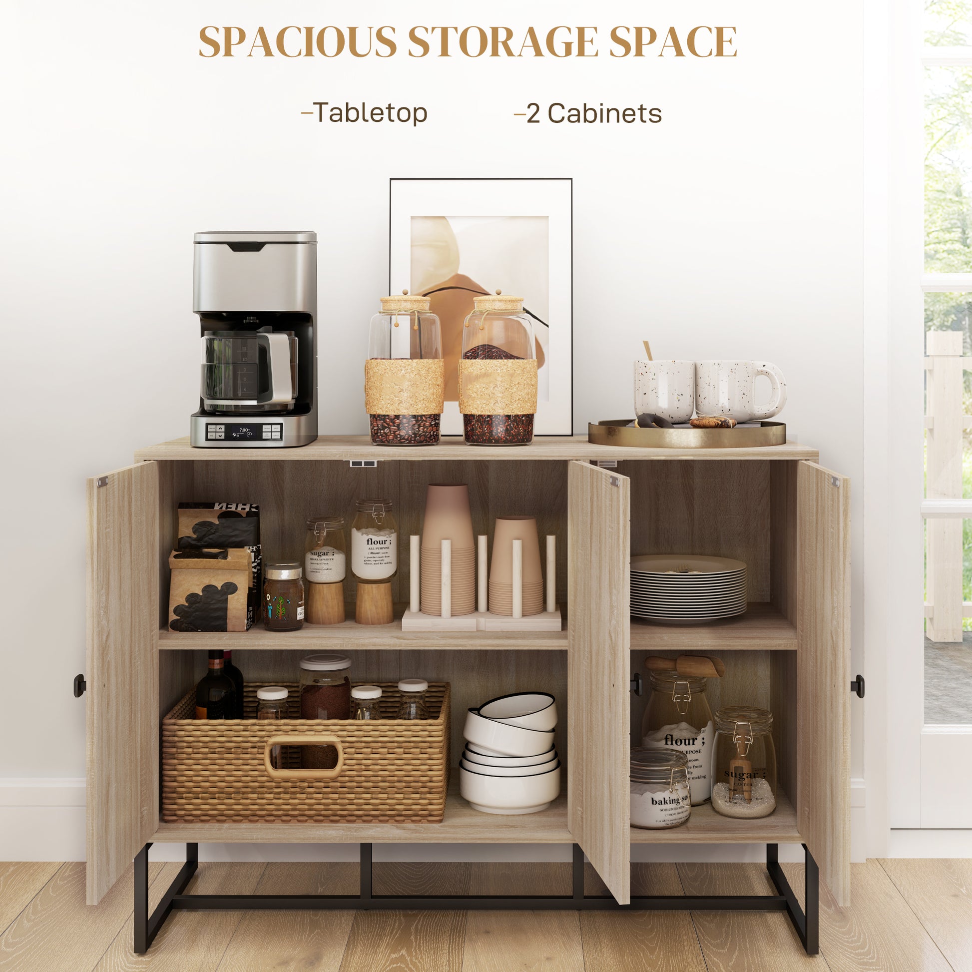 Modern Sideboard, Buffet Cabinet with Adjustable Shelves, 3 Chevron Doors for Living Room, Hallway, Oak Wood Grain