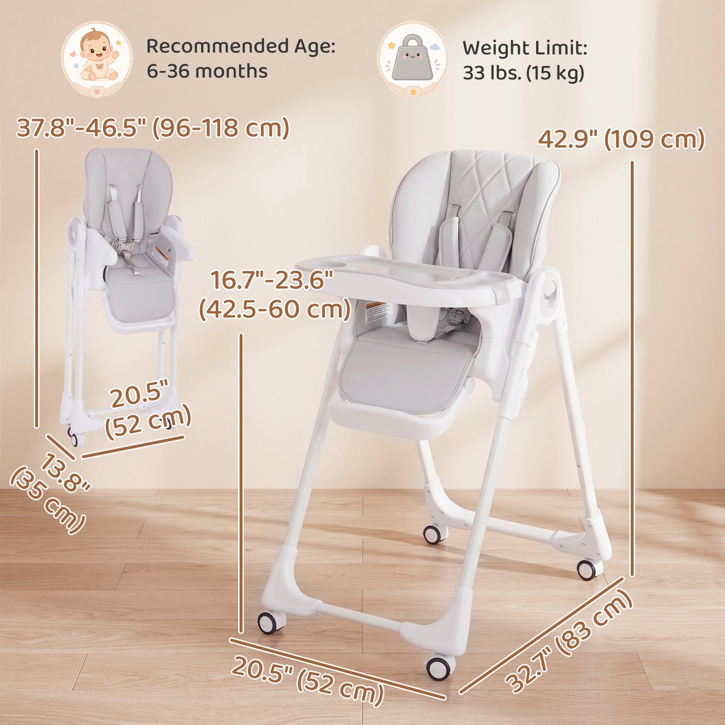 Qaba High Chair with Wheels, Double Tray, Foldable Baby Seat with Adjustable Seat Height, Backrest, Footrest and Tray, G