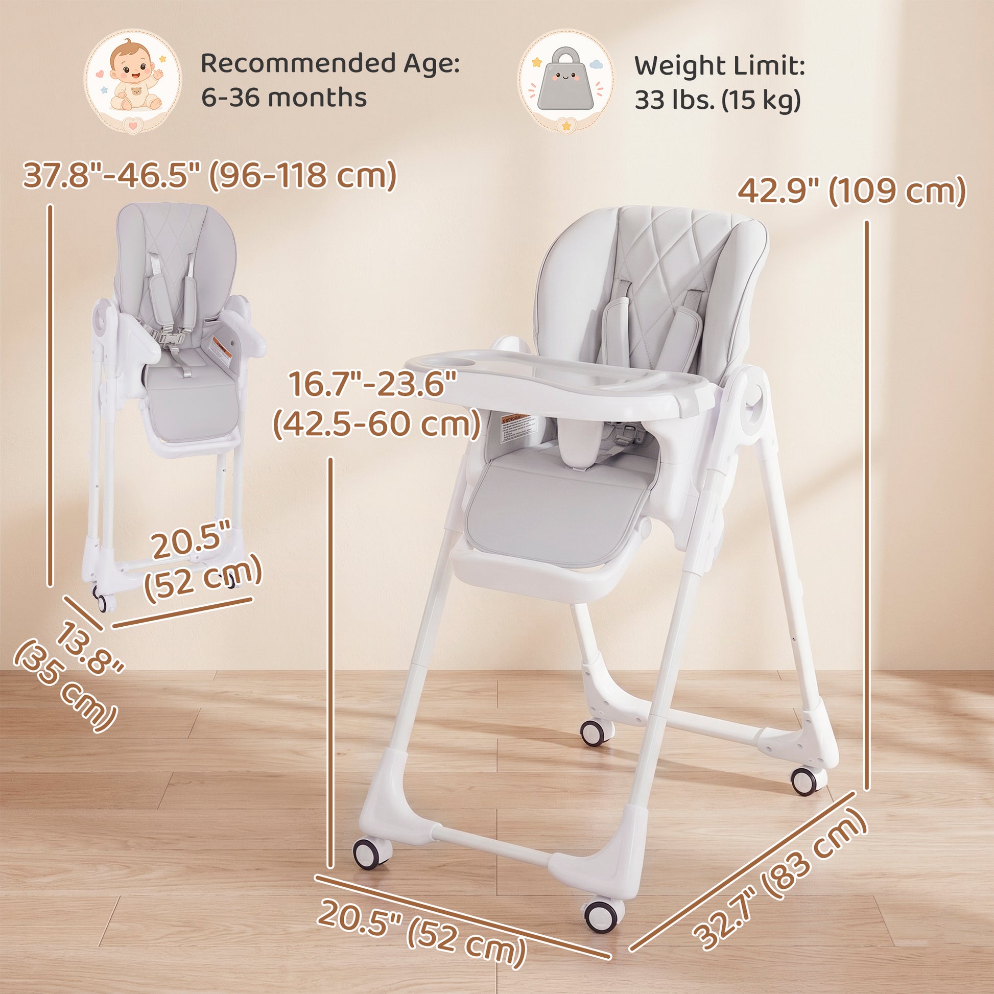 Qaba High Chair with Wheels, Double Tray, Foldable Baby Seat with Adjustable Seat Height, Backrest, Footrest and Tray, G
