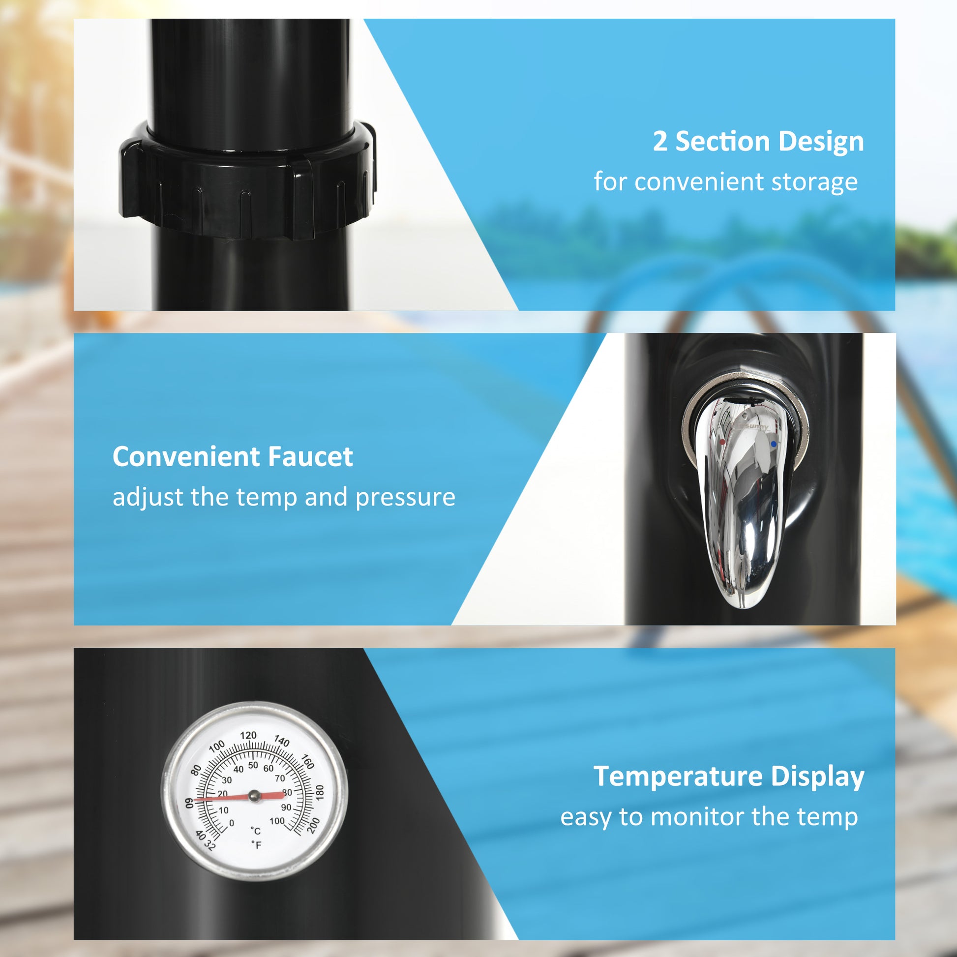 7.3FT 5.3 Gallon Solar Heated Shower, 2-Section Outdoor Shower with Shower Head, Foot Shower, Temperature Display for Ba