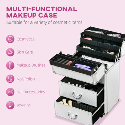 Aluminum Rolling Makeup Case, Portable Professional Cosmetic Makeup Case, Lockable Traveling Cart Trunk with Folding Tra