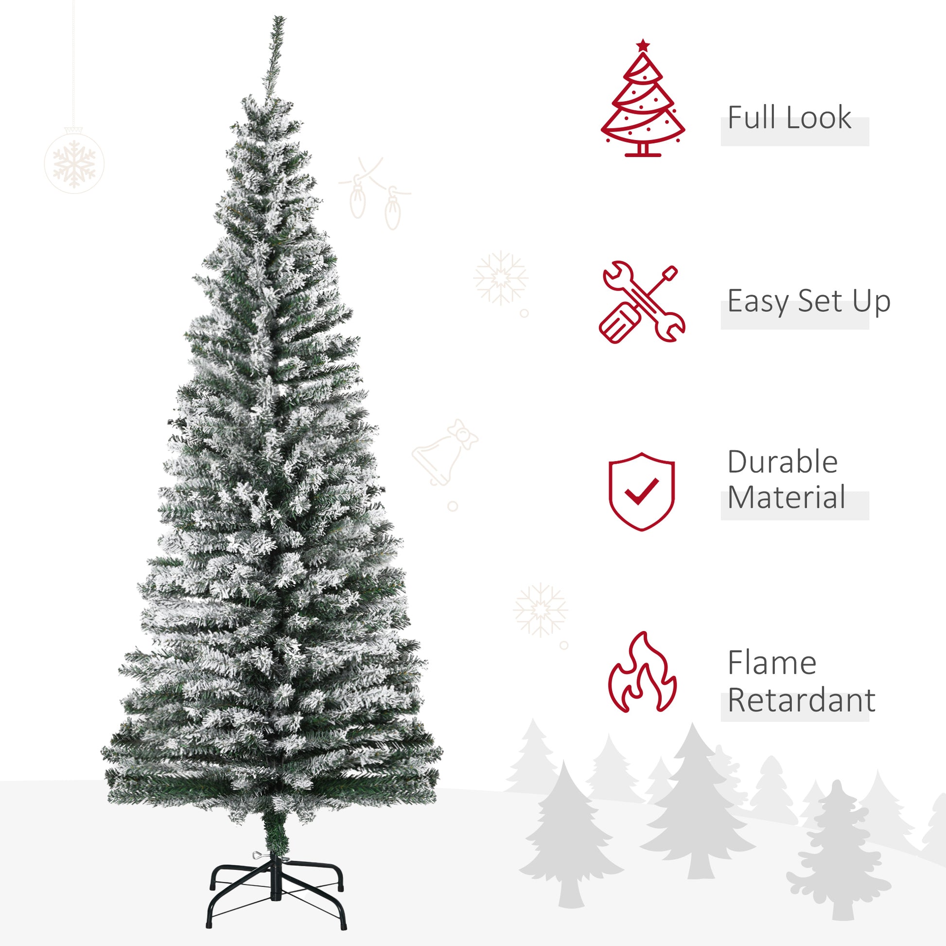 6ft Flocked Christmas Tree, Pencil Christmas Tree with Realistic Branch Tips, Folding Metal Stand, Green
