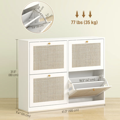 Narrow Shoe Storage Cabinet, Rattan Shoe Cabinet with 4 Flip Drawers and Adjustable Shelves for 20 Pairs, White