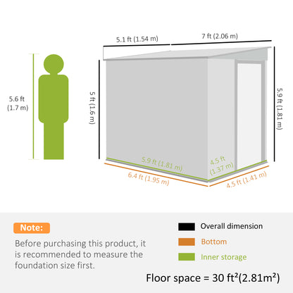 5'x7' Lean to Galvanized Metal Shed with Foundation, Garden Tool Storage House w/ Sliding Door and 2 Vents, Light Grey